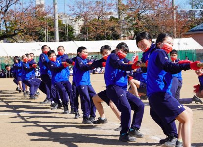 引き手の前後の距離を保ち、綱の左右交互に配置。