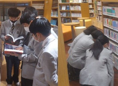 動画を見たあとは図書館に移動して自由に読書タイム　それぞれお目当ての棚にGO